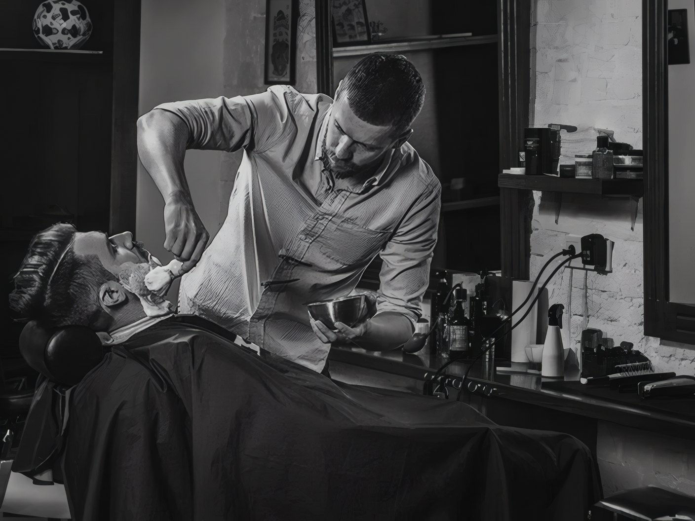 A client lathered for a straight razor shave