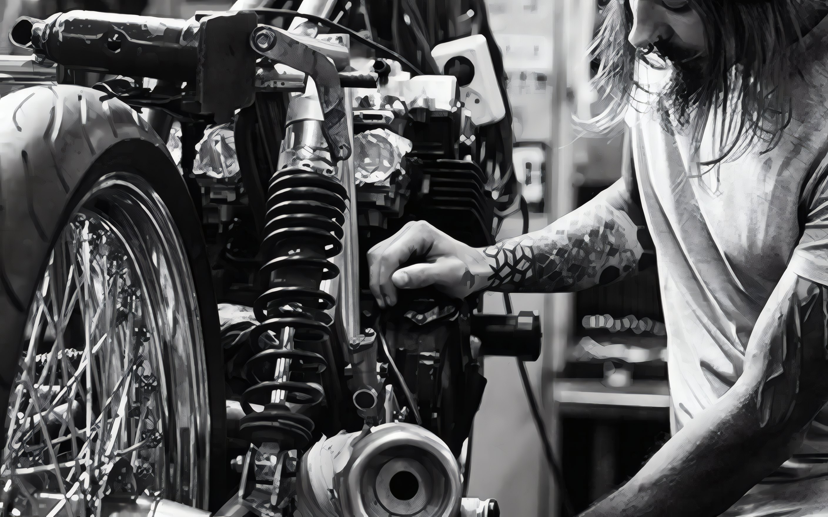 A mechanic working on a motorcycle's front end