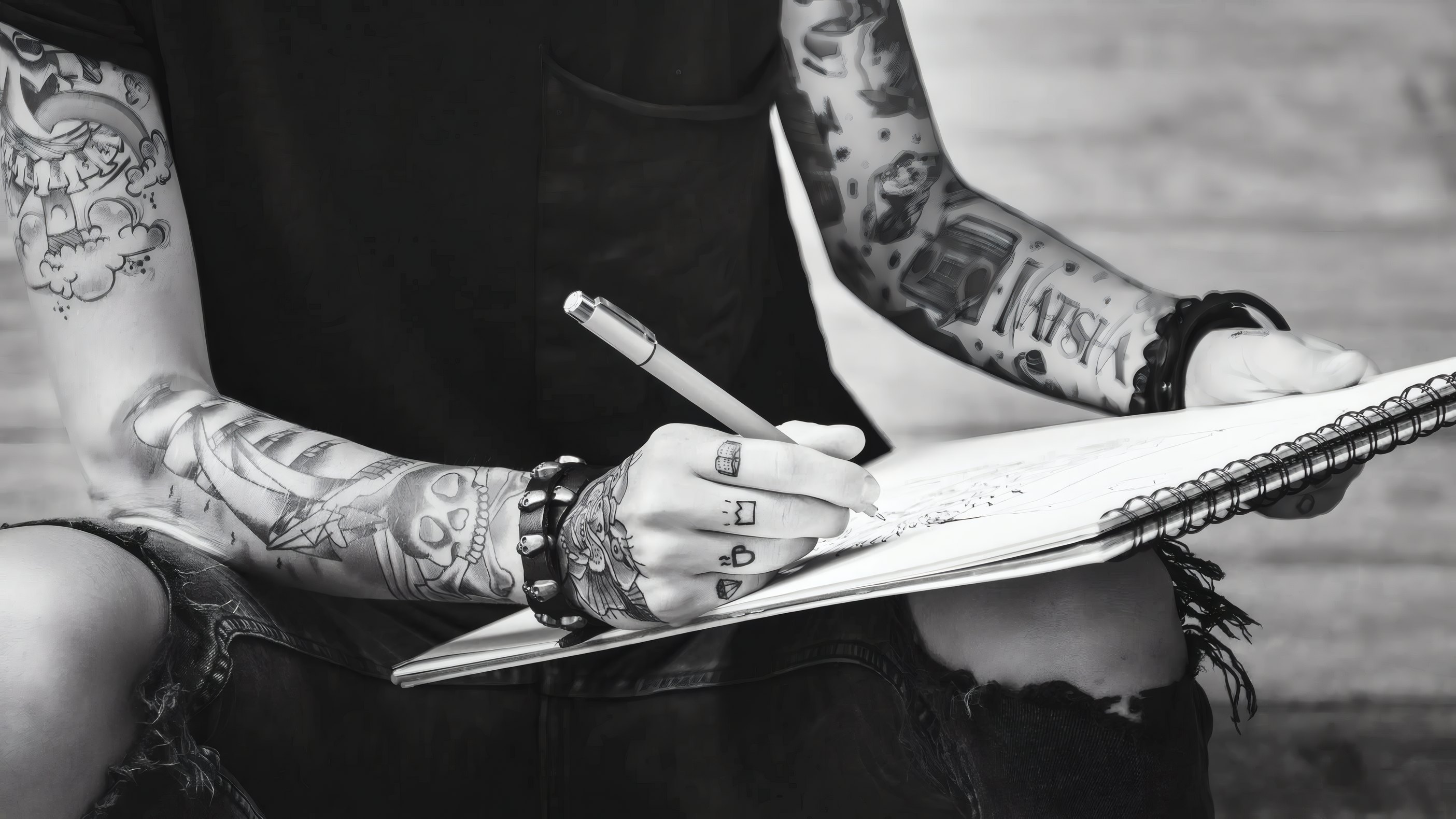 A tattoo artist drawing in a sketchbook