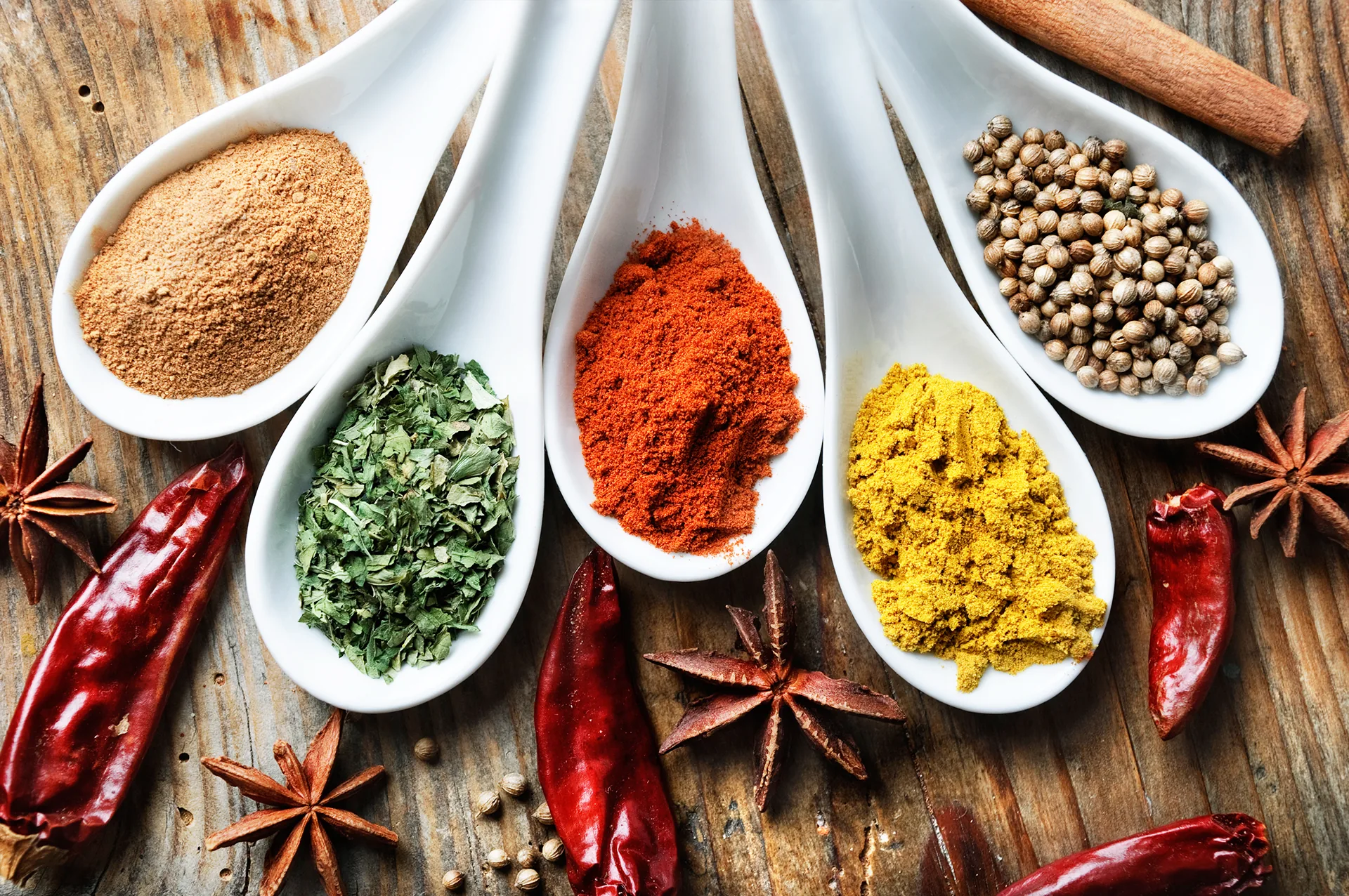 Wooden spoons filled with coloured ground spices