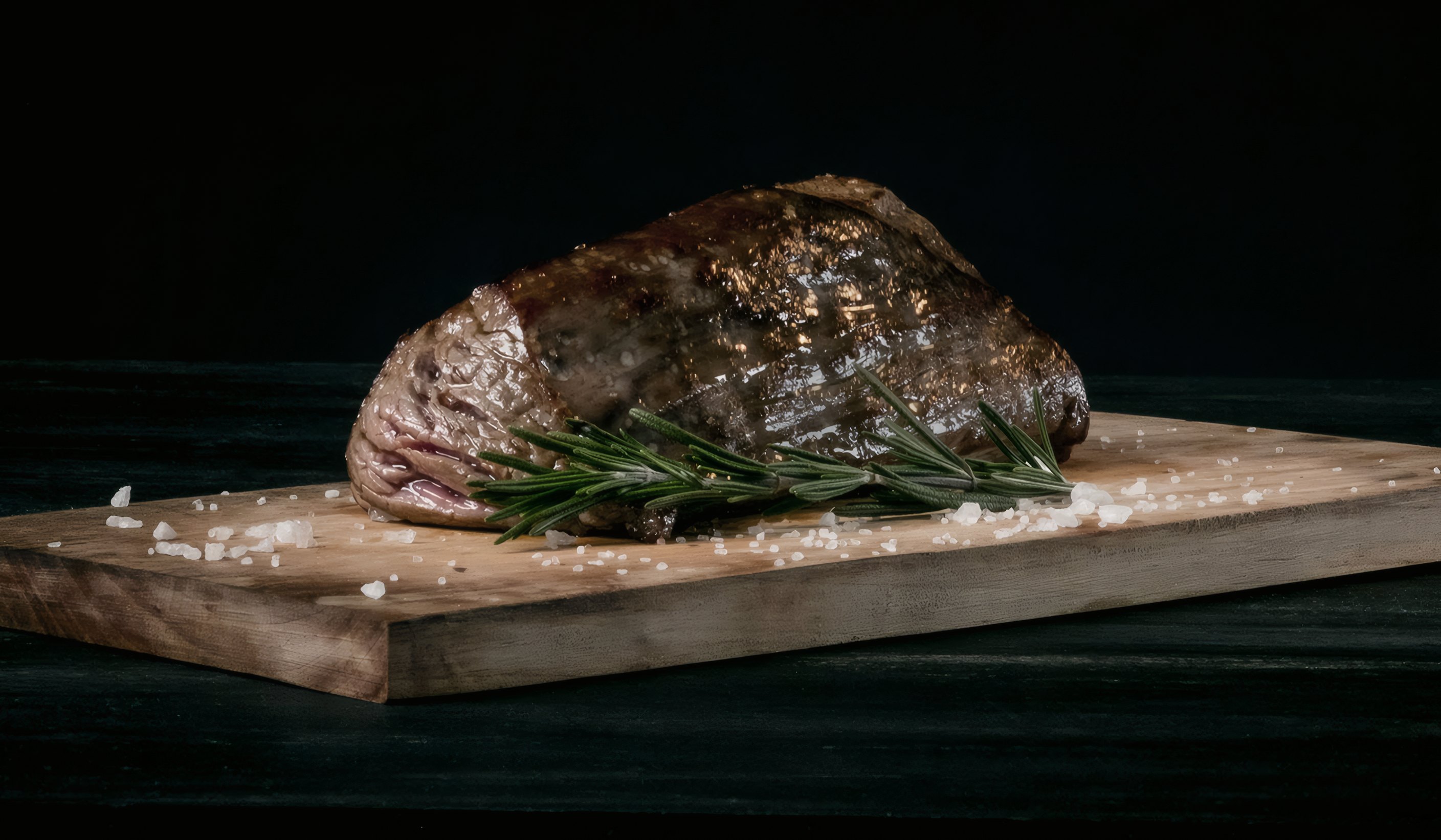 A dry-aged steak resting on a board with rosemary