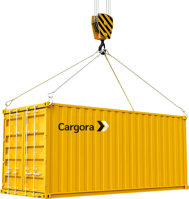 A Cargora container lifted on a crane hook