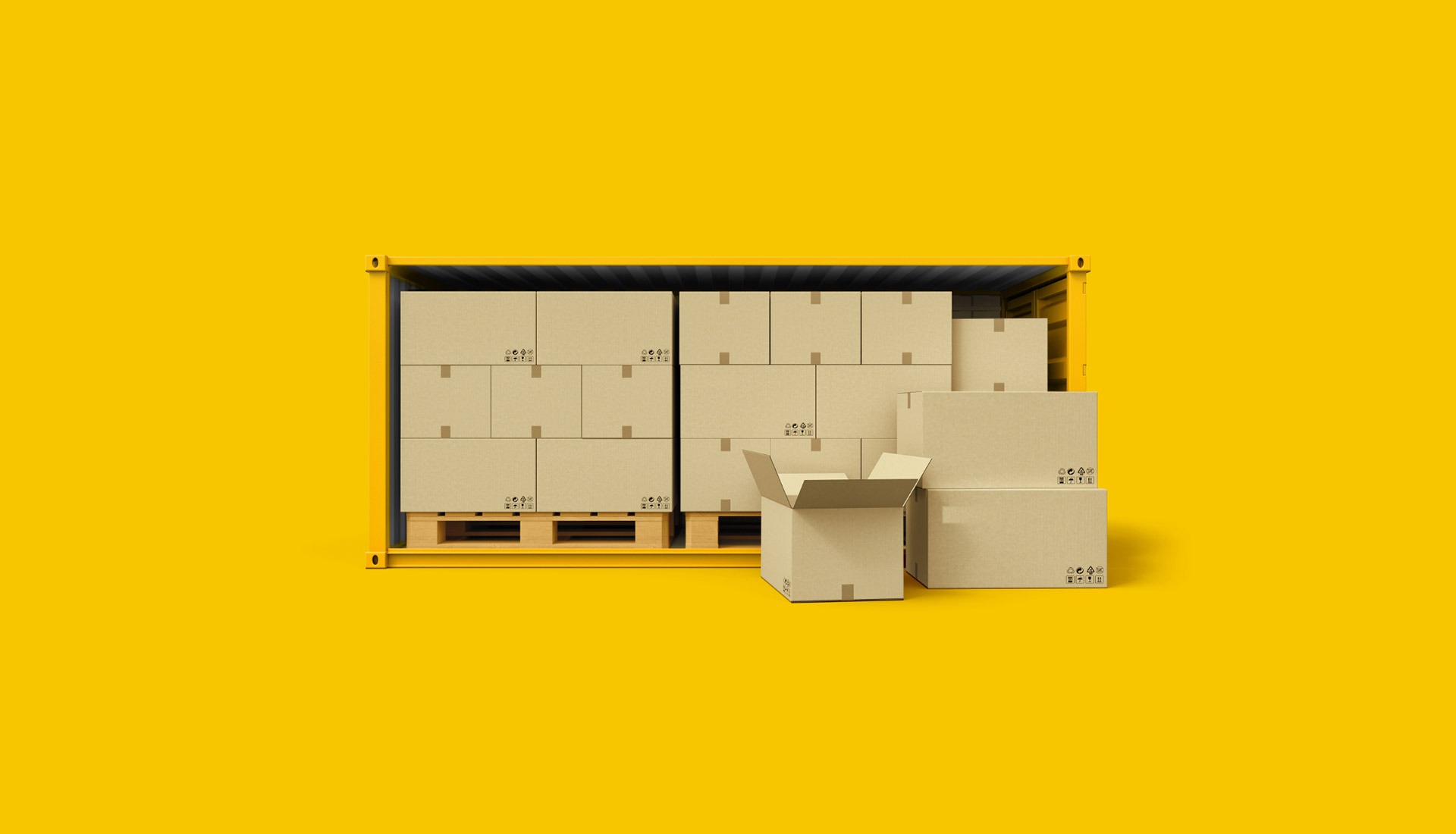 Cartons on pallets inside an open container
