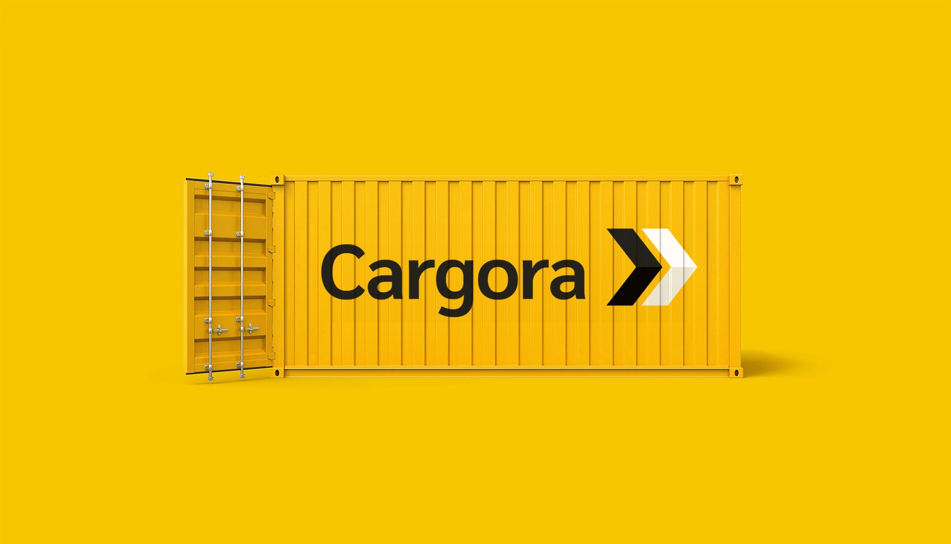 A yellow Cargora 20 foot container with its doors open