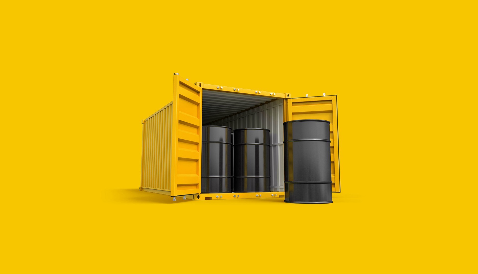 An open container loaded with steel drums