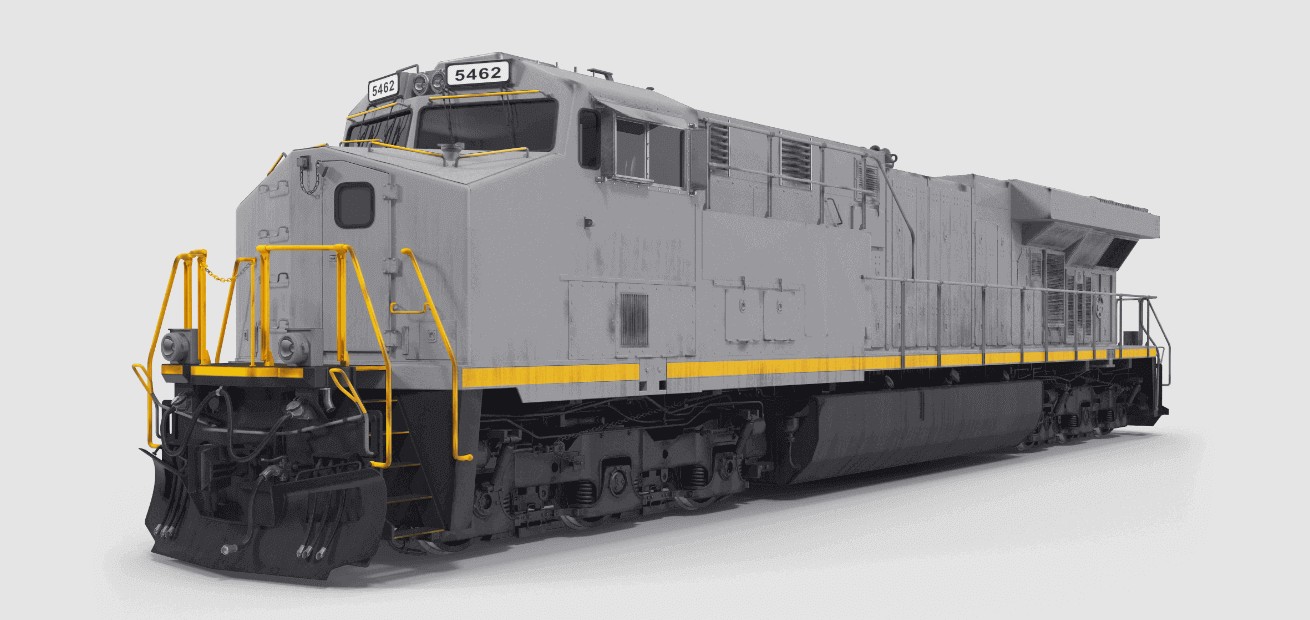 A grey diesel locomotive with yellow handrails