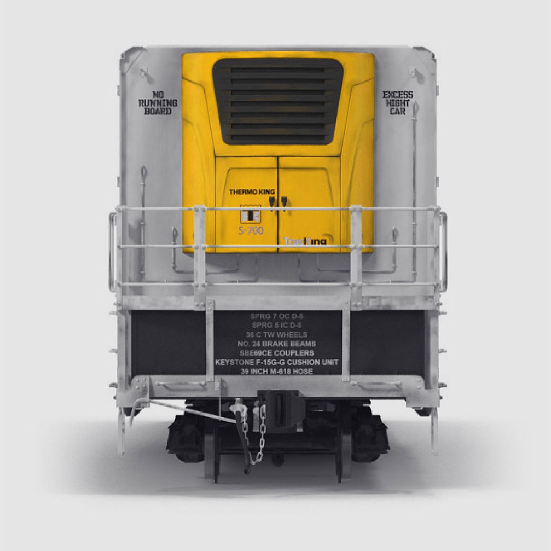 The yellow end of a rail wagon