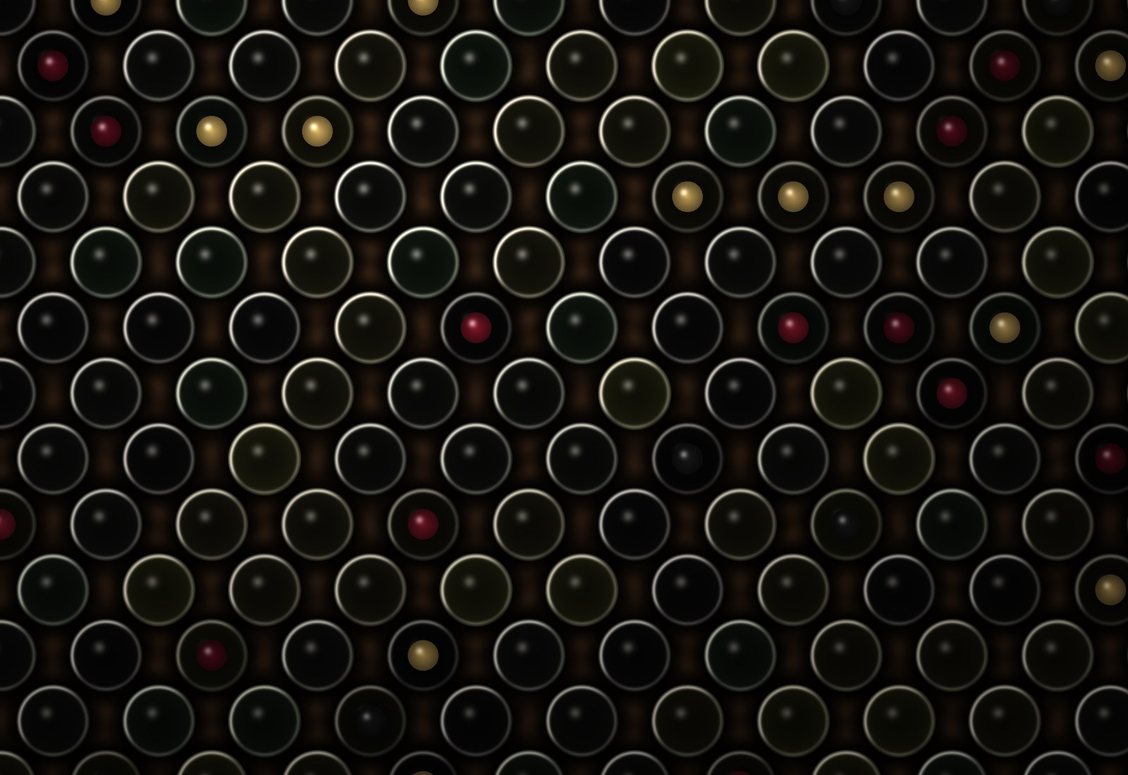 Bottle ends resting in a wooden cellar rack