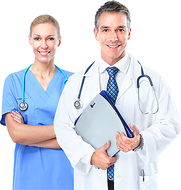 A nurse and a doctor stand side by side