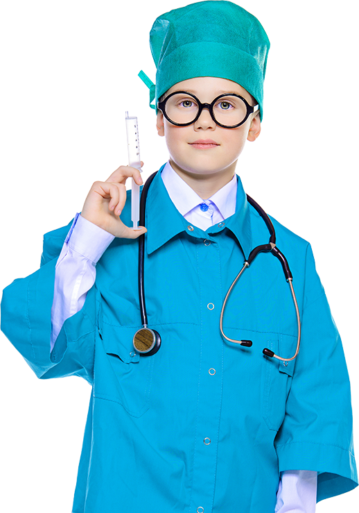 A child dressed as a doctor with a stethoscope