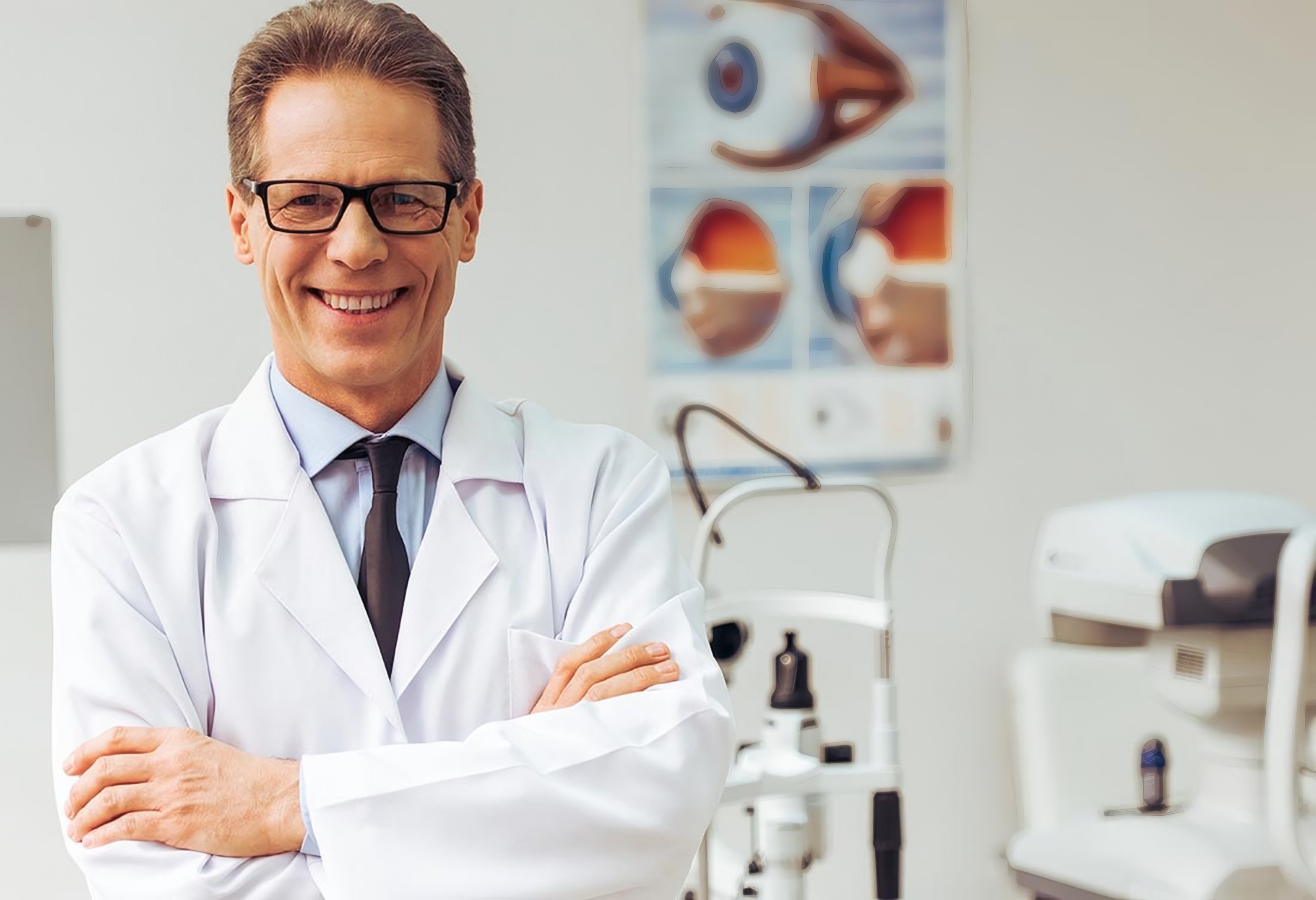 An optometrist smiles in his consulting room