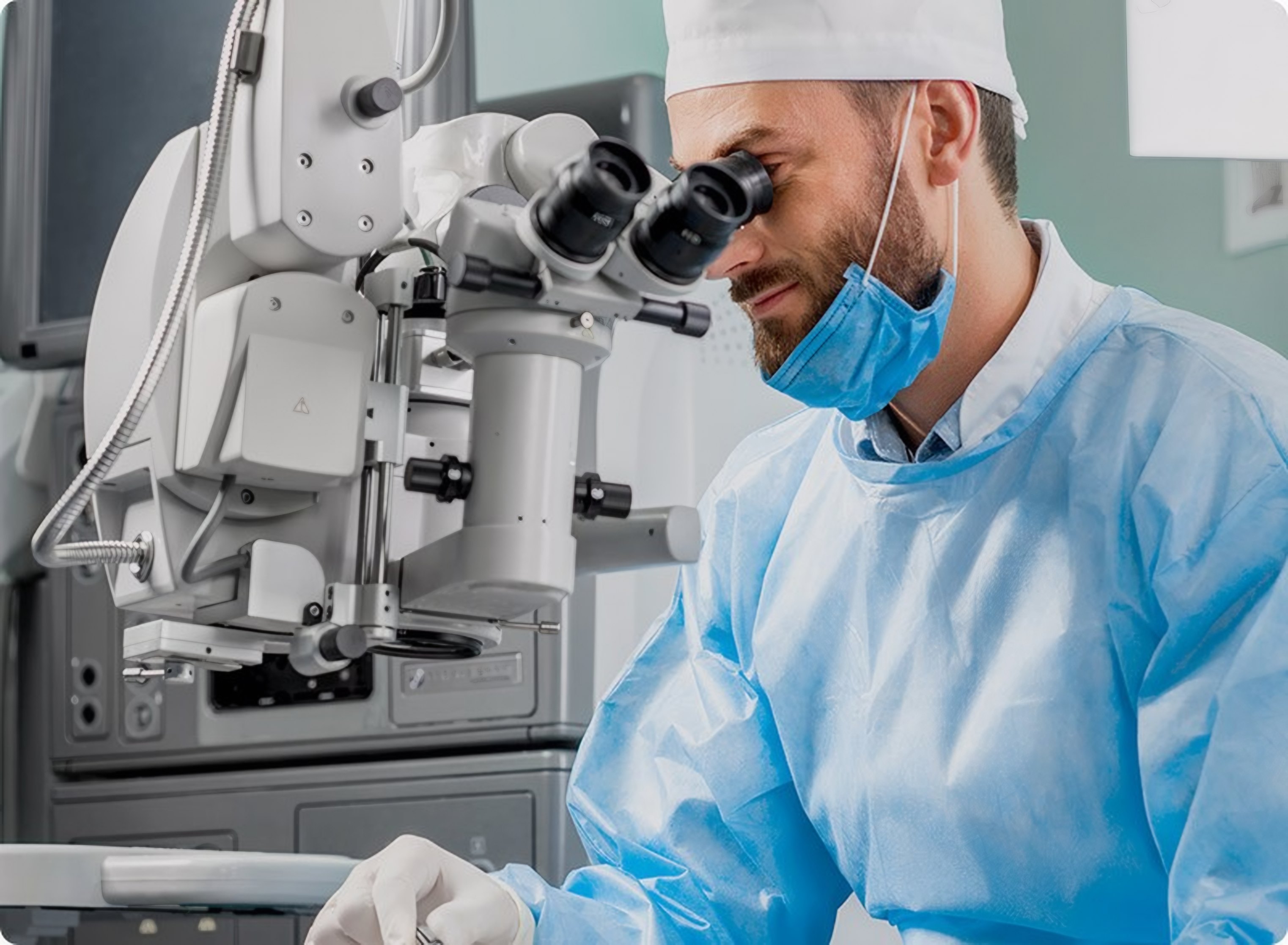 A surgeon works at an operating microscope