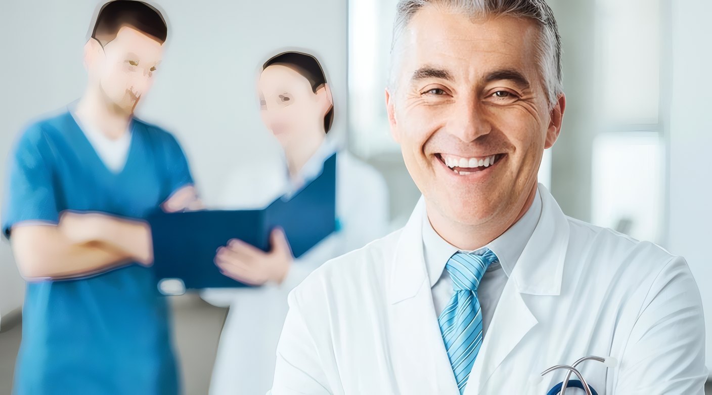 A smiling senior family doctor