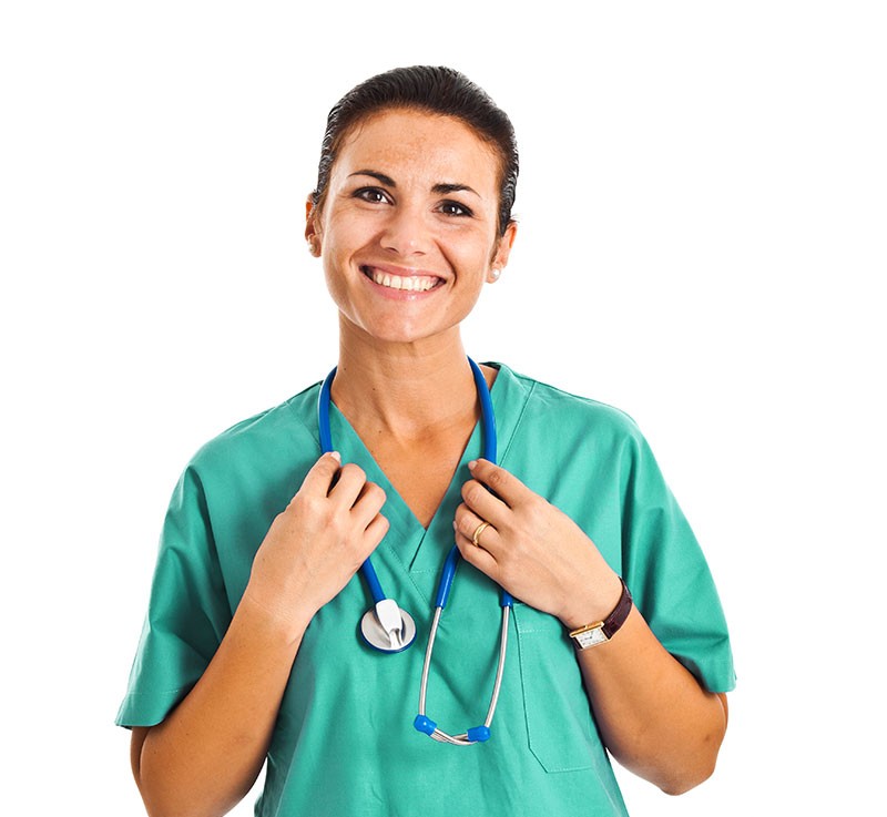 Head nurse Victoria Fernandez in teal scrubs