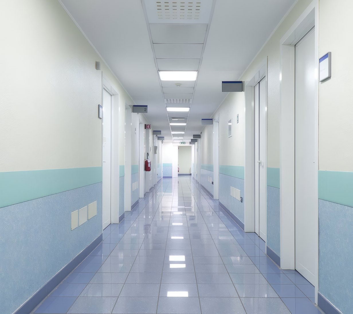 The bright main corridor on the second floor