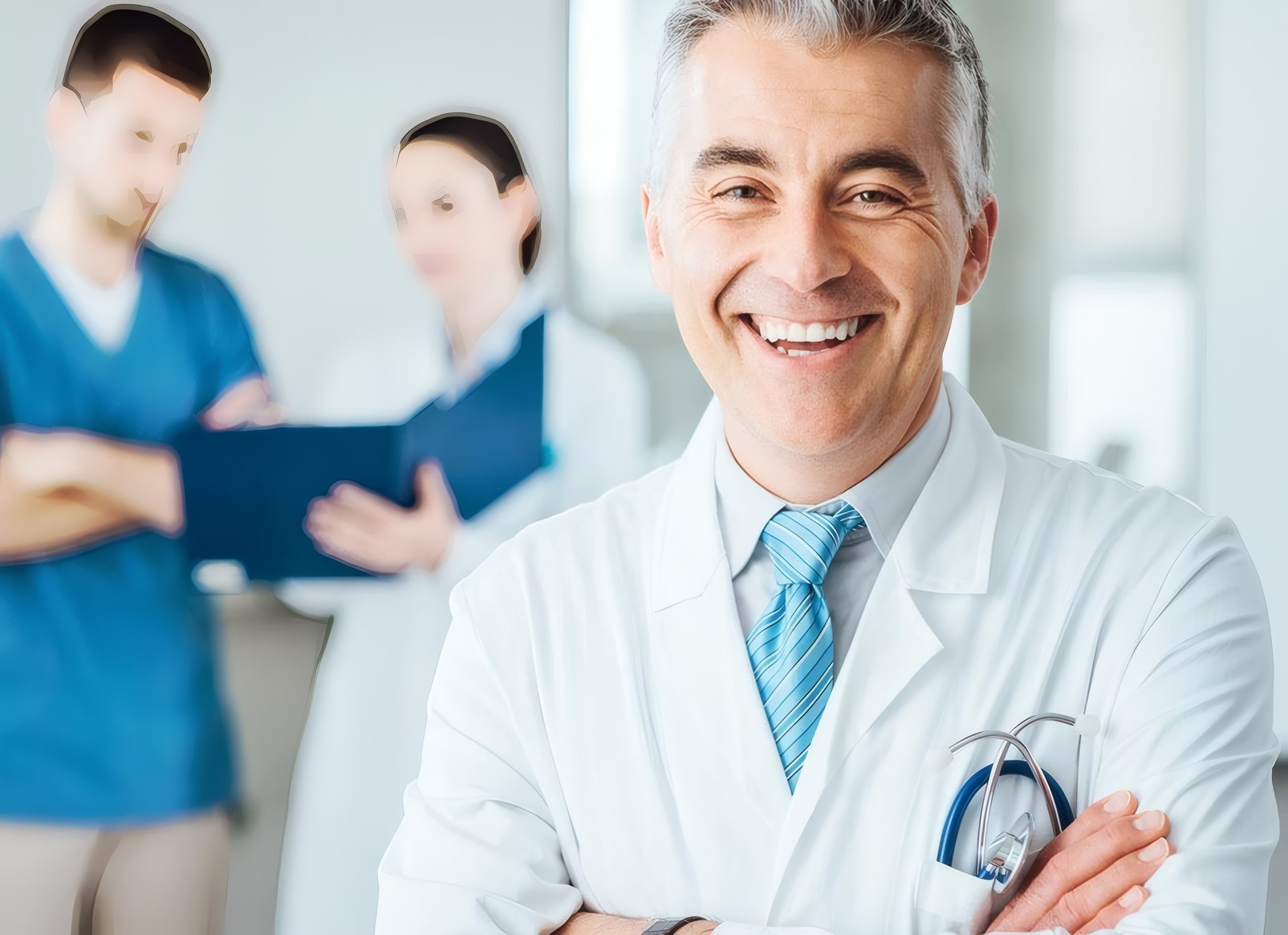 A smiling Clinexa doctor in a white coat