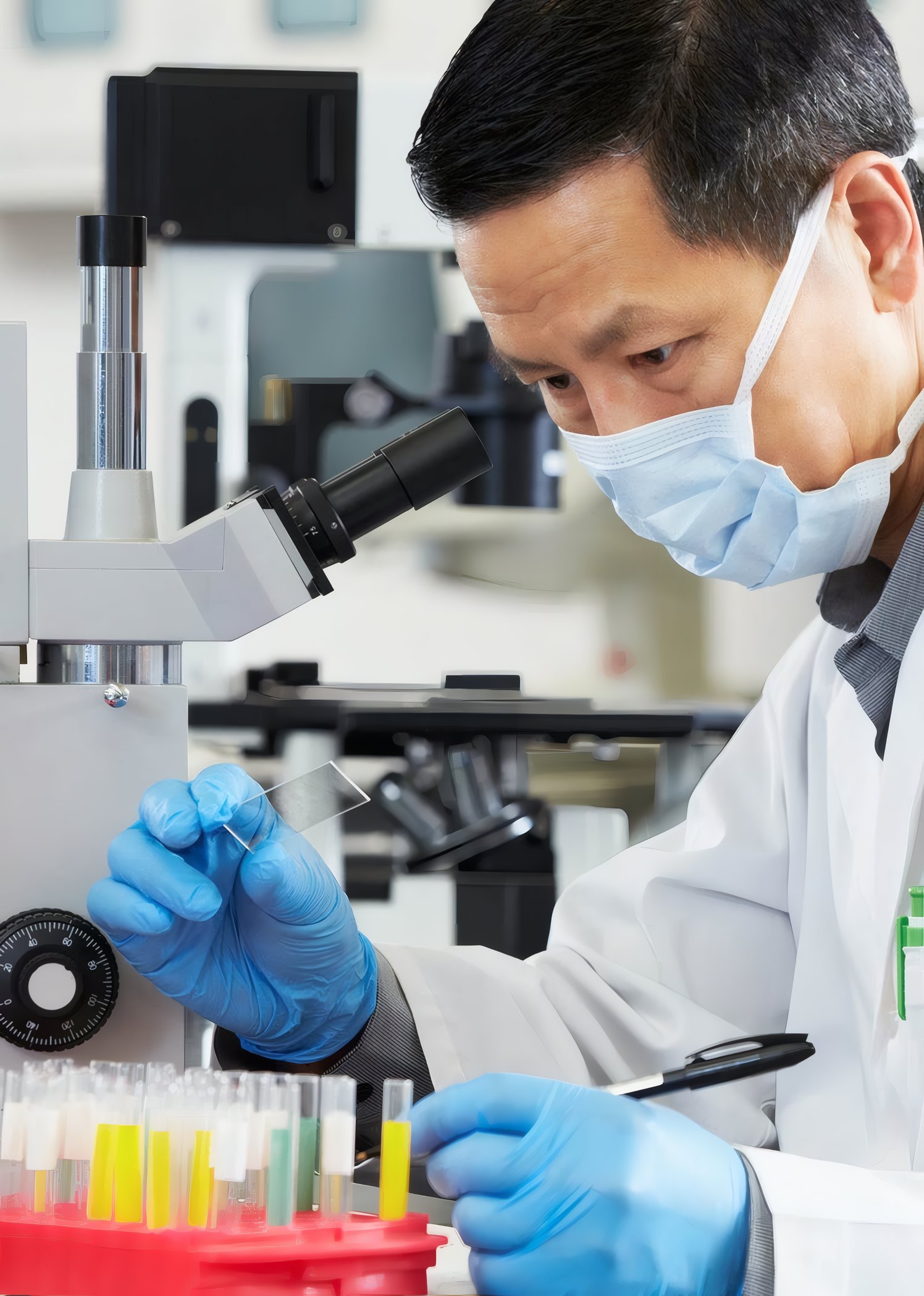 A scientist working at a microscope in the lab