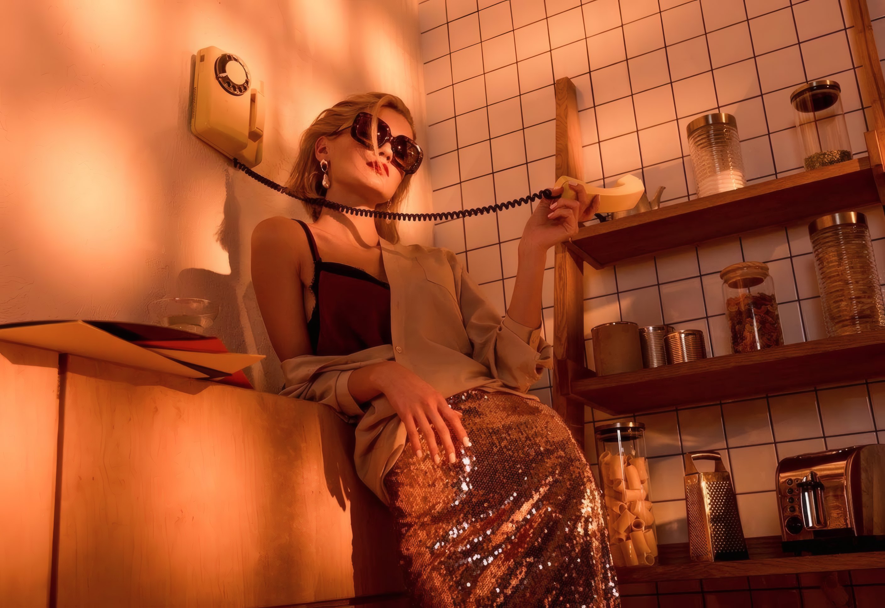 A client in a sequin dress in a warm-lit kitchen