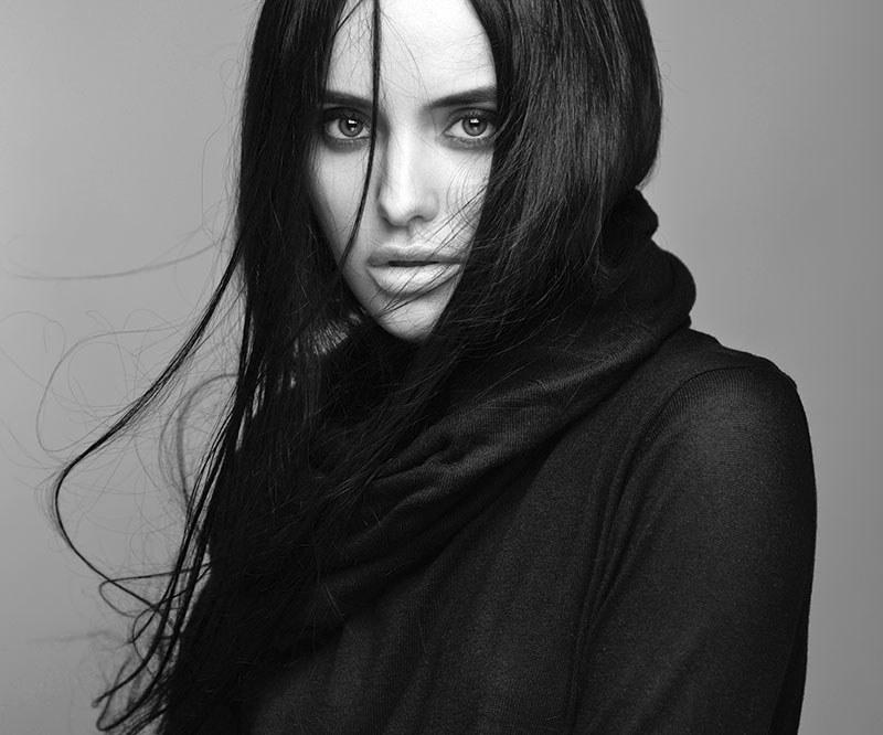 Margot Ellery in black, in black and white