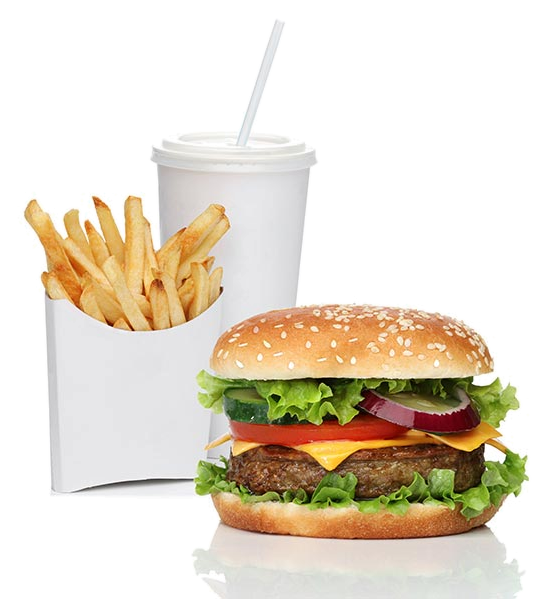 A cheeseburger, fries and a soda