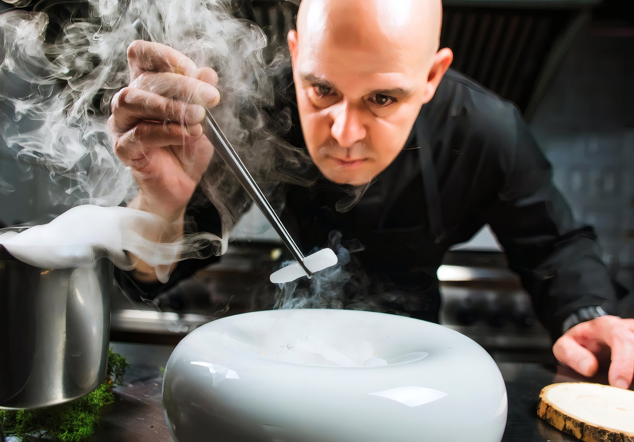 A guest chef plating at the pass