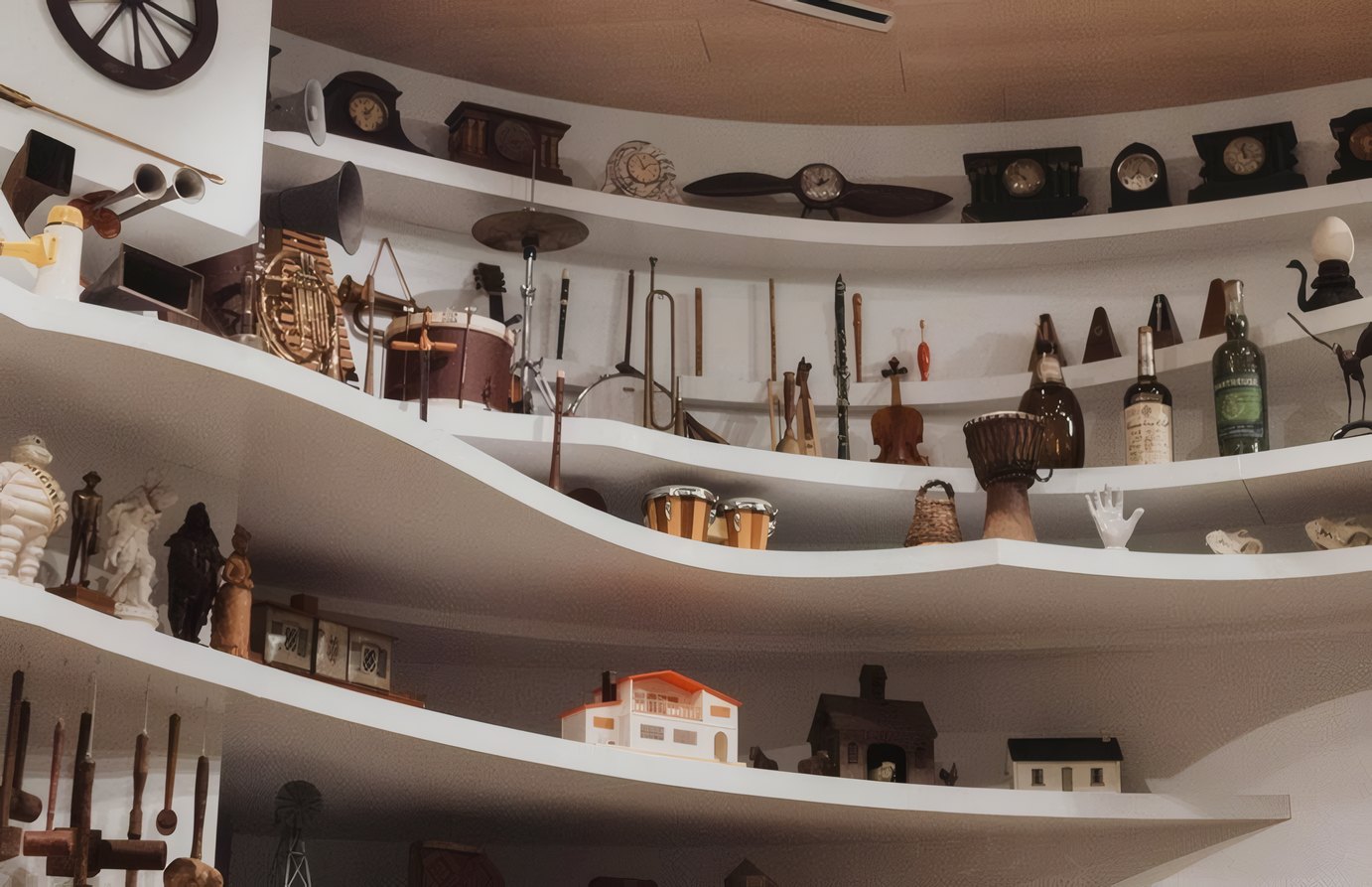 Curving shelves of objects