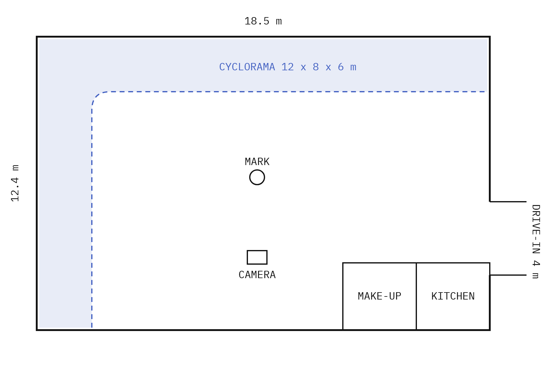 Floor plan of Studio One: the L-shaped cove along the back and left walls, the drive-in door on the right, make-up and kitchen in the front corner