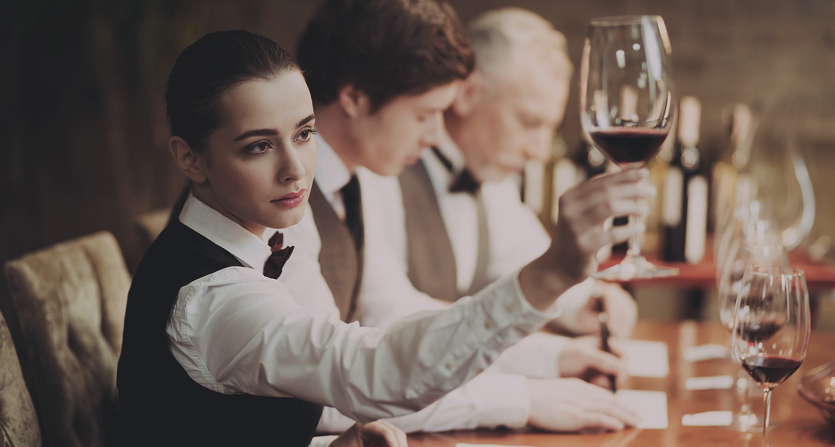 A sommelier pours red wine for members at the tasting table