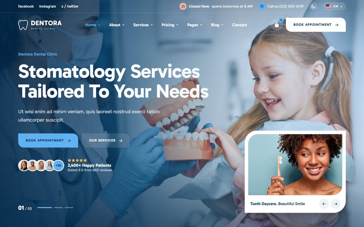 The Dentora homepage: a girl at her checkup and the booking card