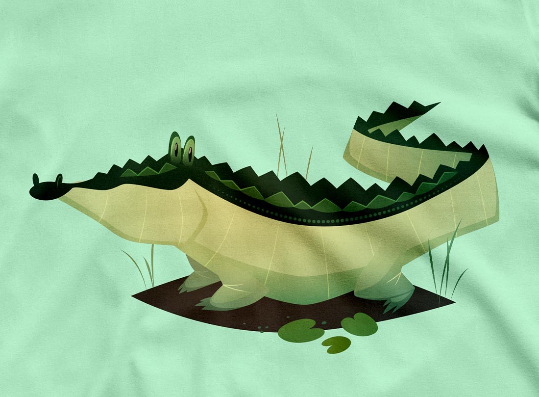 The Crocodile tee, a crocodile printed on mint cotton