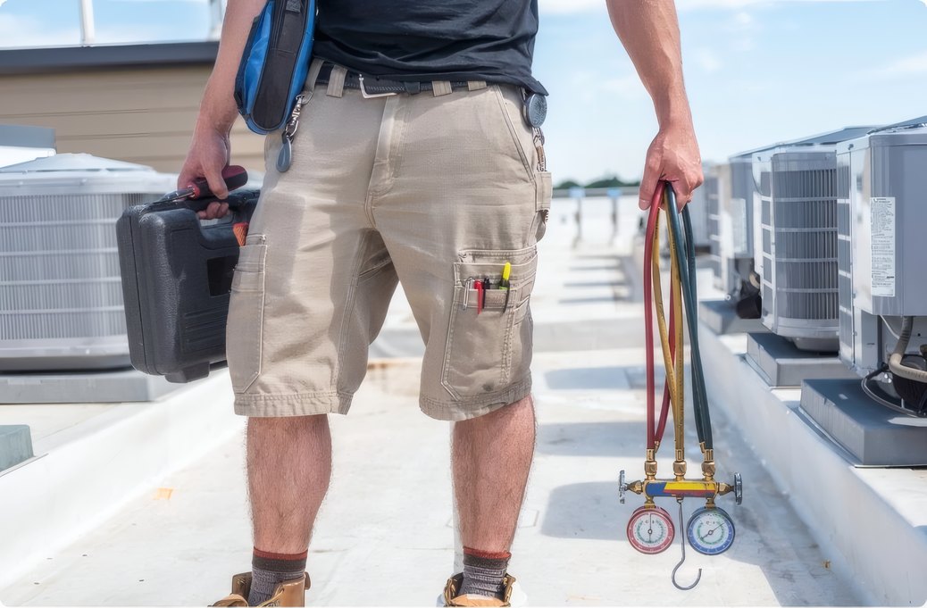 An engineer on a roof with his tool case and pressure gauges