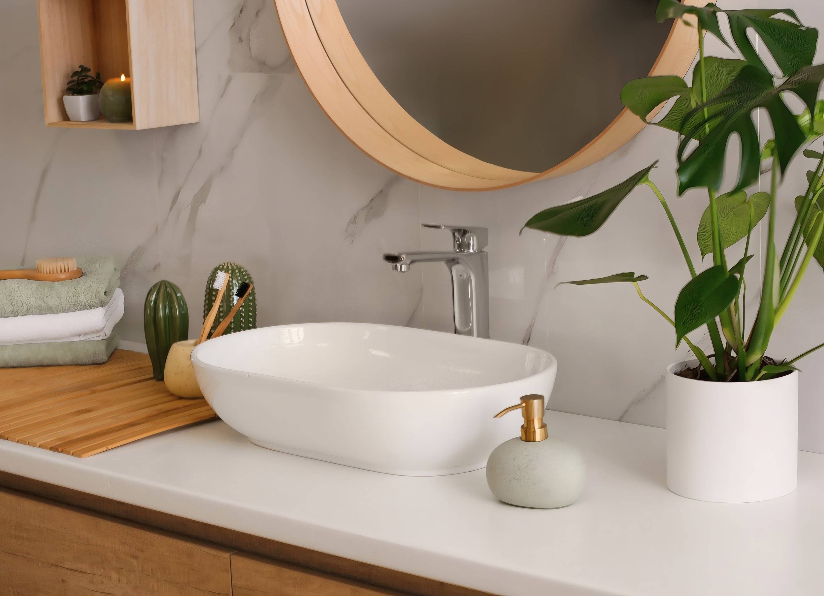 A white basin, a round mirror and a plant in a renovated bathroom