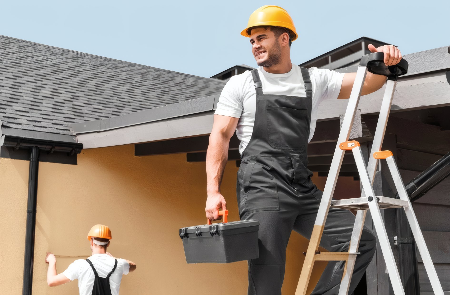 A roofer coming down a ladder with his tool box