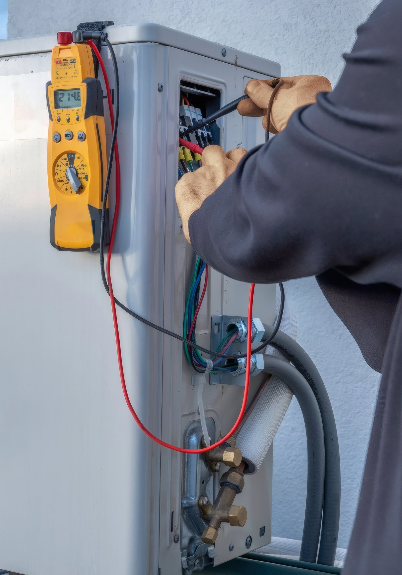 Two electricians in hard hats checking a cabinet