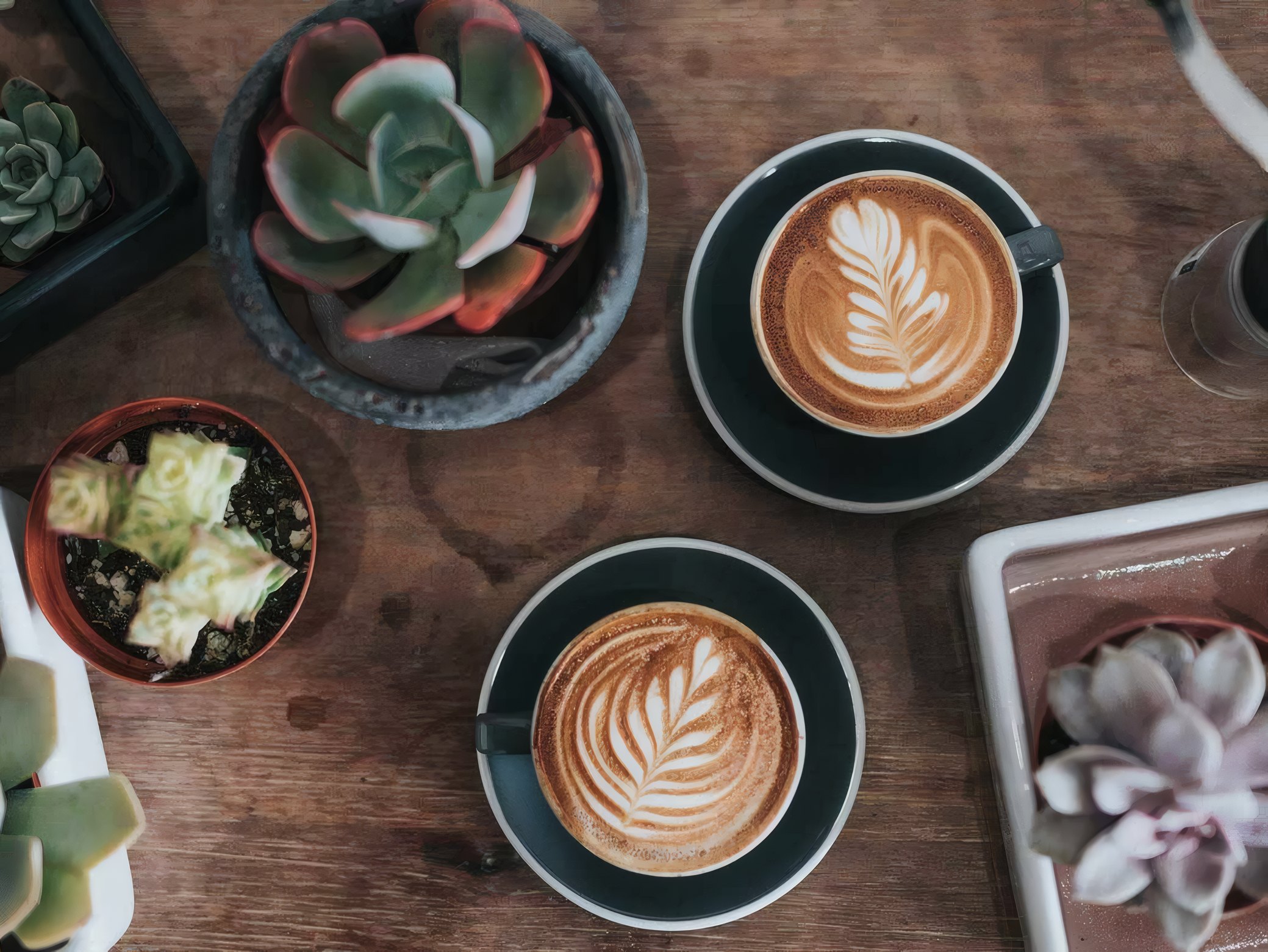 Two cups of latte art on a wooden table
