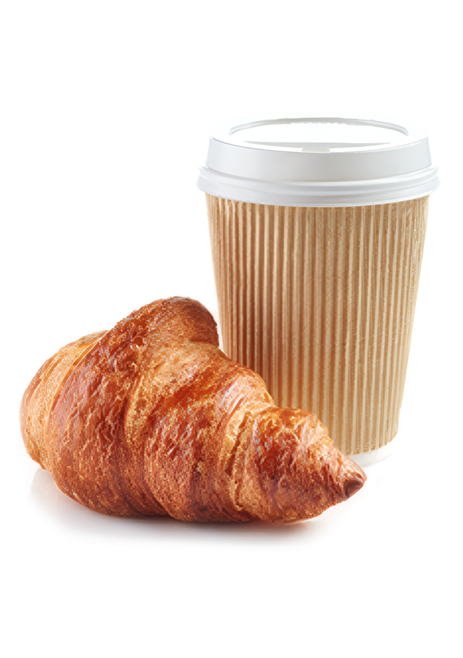 A croissant beside a coffee to go