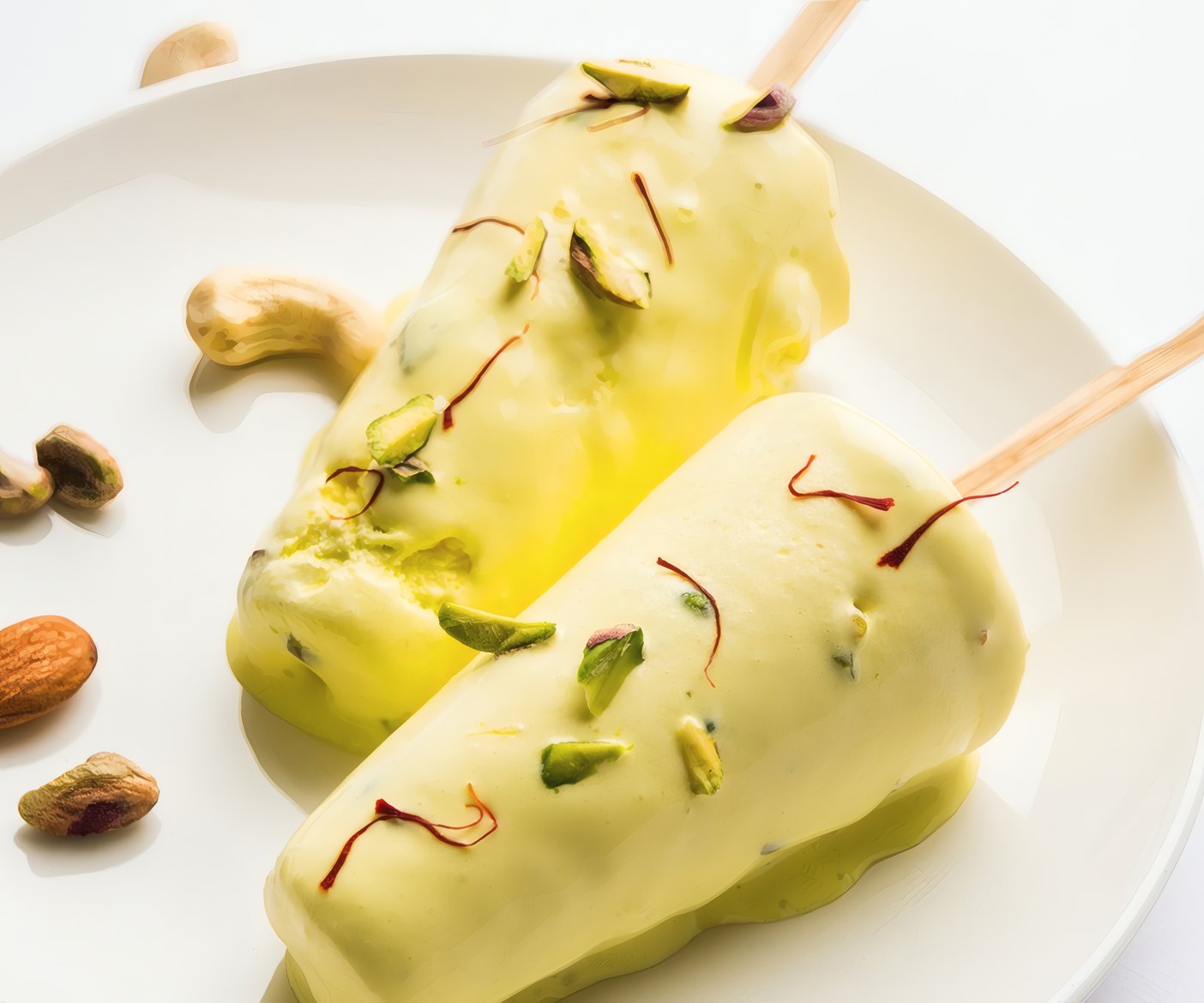 Pistachio kulfi bars with saffron on a white plate