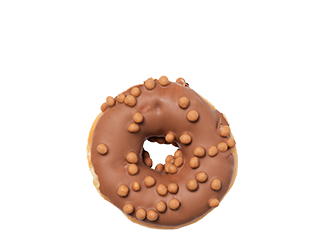 A chocolate donut with crunchy pearls