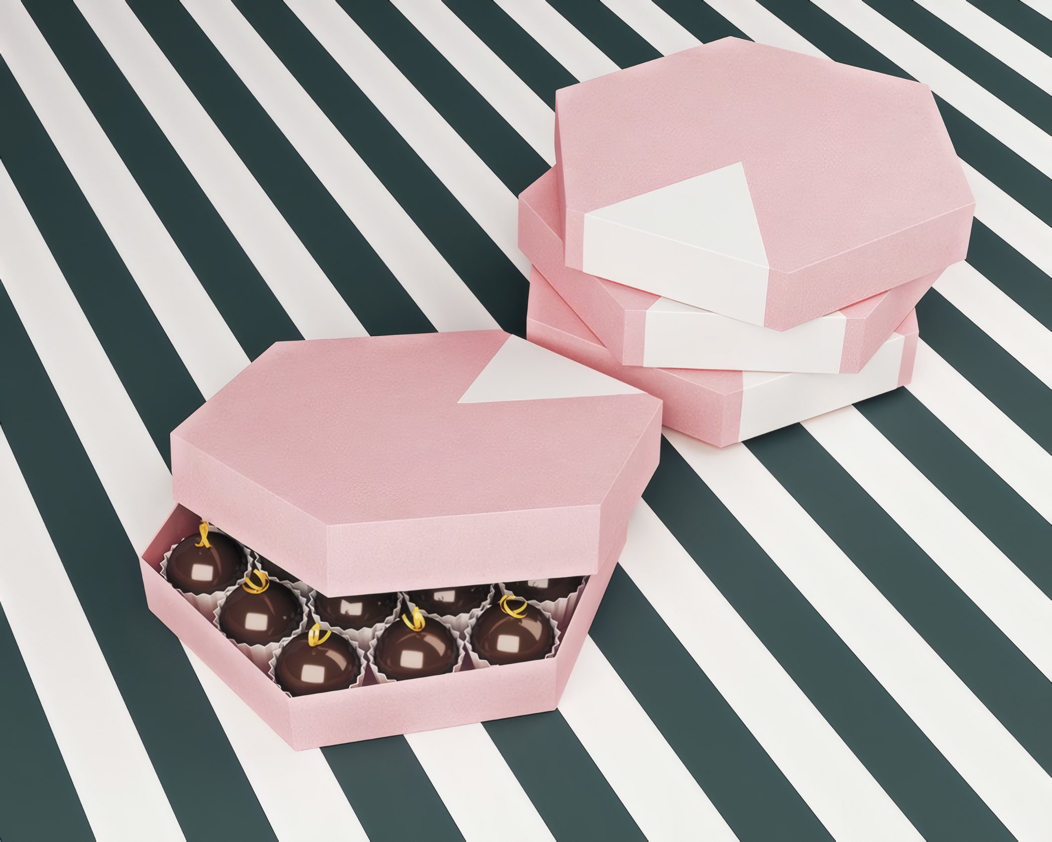 Pink gift boxes of chocolates on black and white stripes