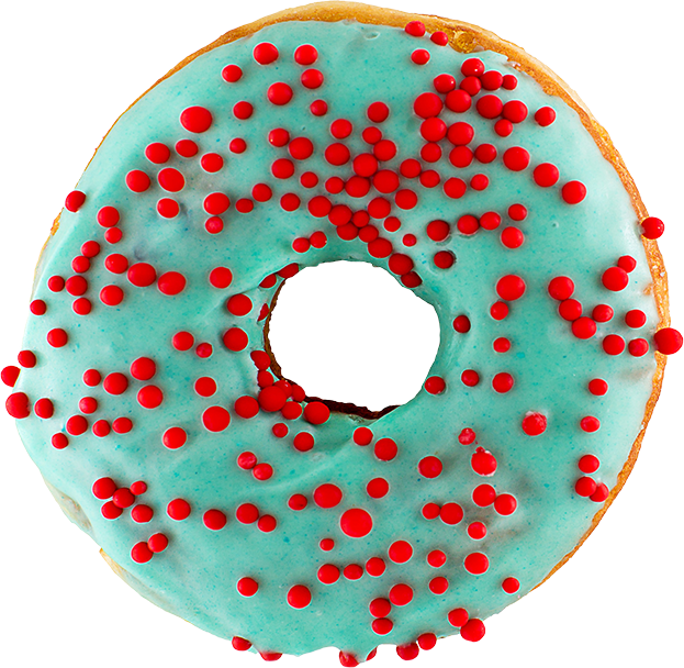 A turquoise glazed donut with red sprinkles