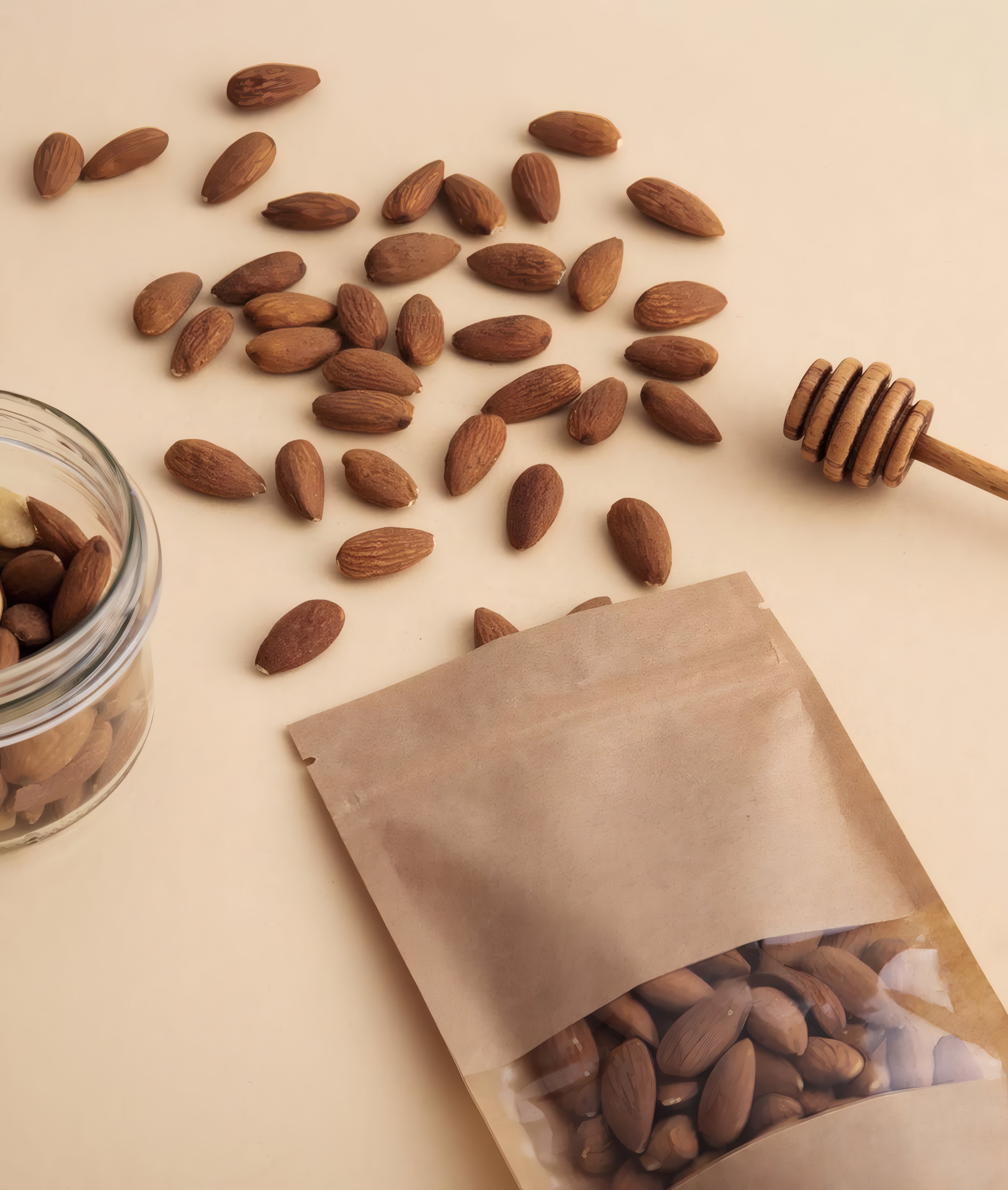 Almonds spilling from a kraft pouch beside a honey dipper