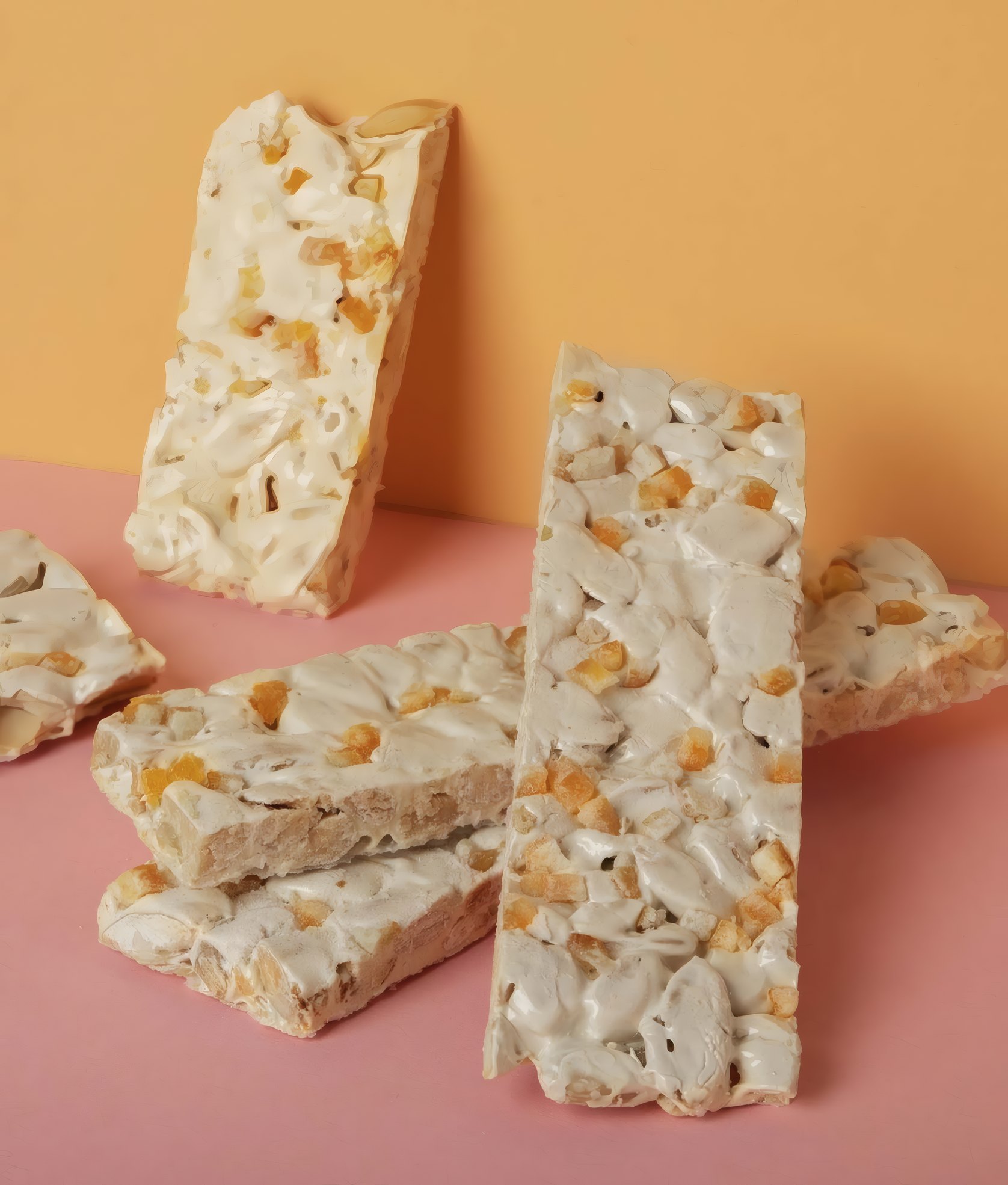 Nougat bars on orange and pink paper