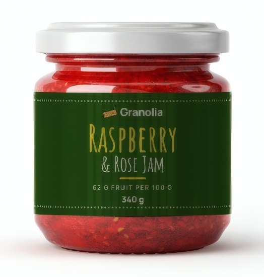A jar of Granolia raspberry and rose jam
