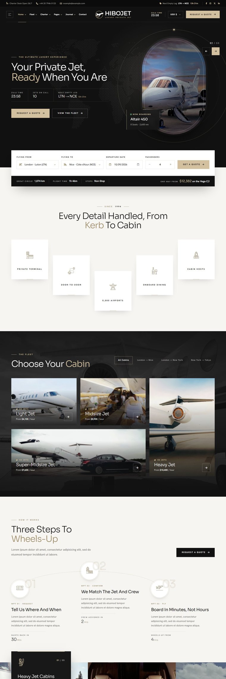 The Hibojet home page, from the top