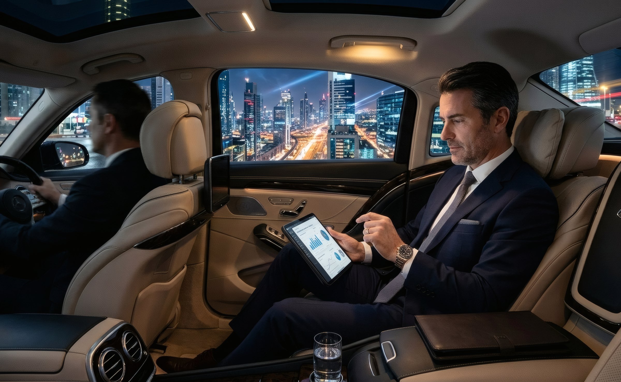 An executive working in the back of a sedan at night