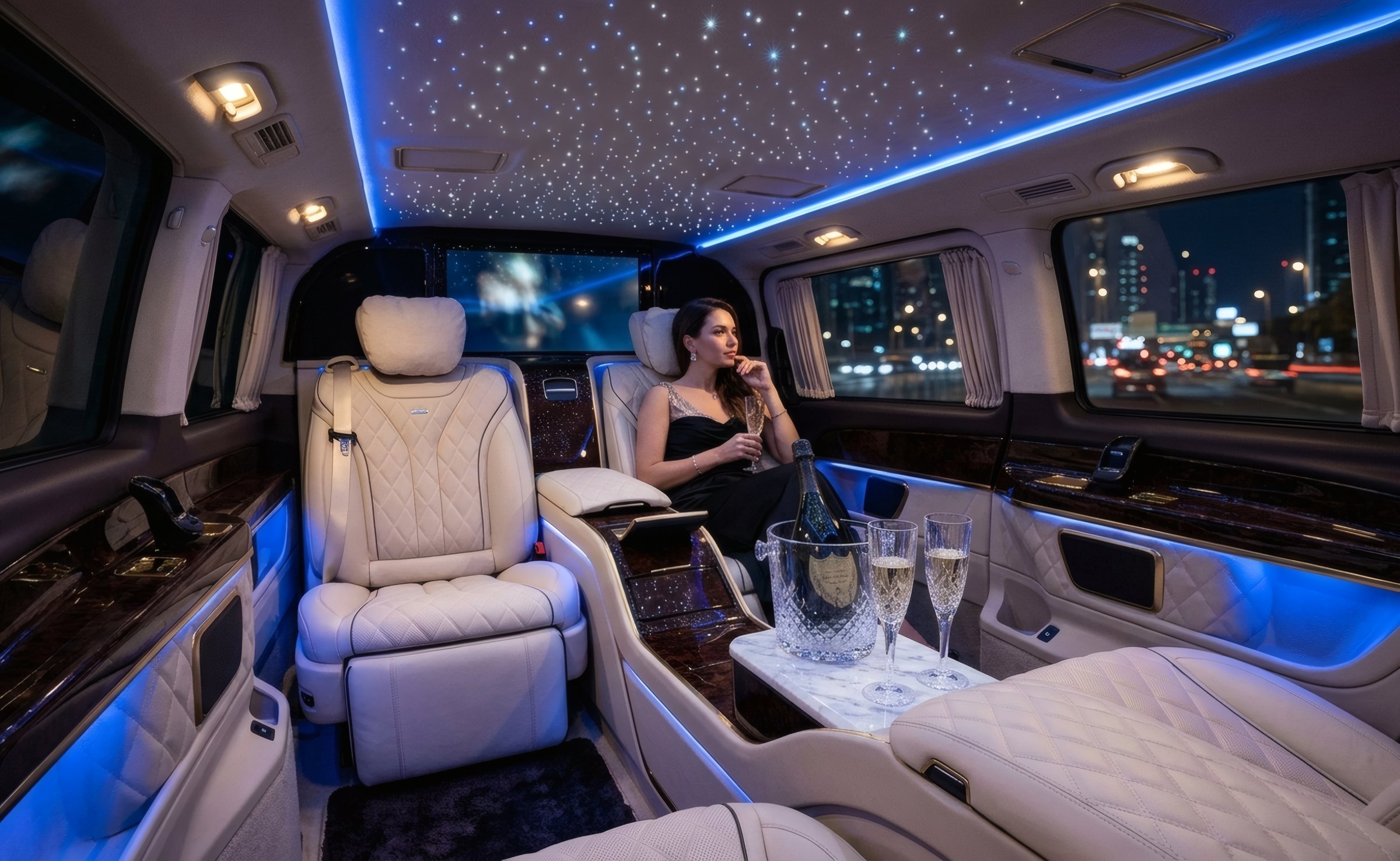 A starlight headliner above cream leather seats