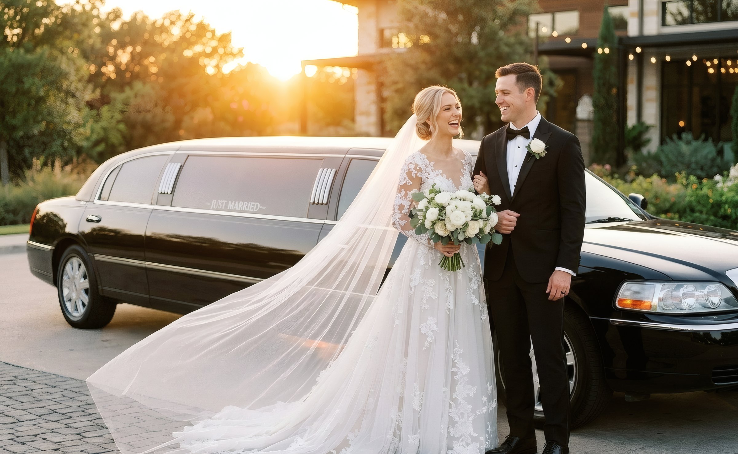A bride and groom beside their limousine