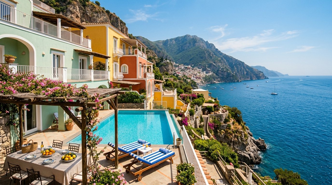 A cliffside villa pool above the bay