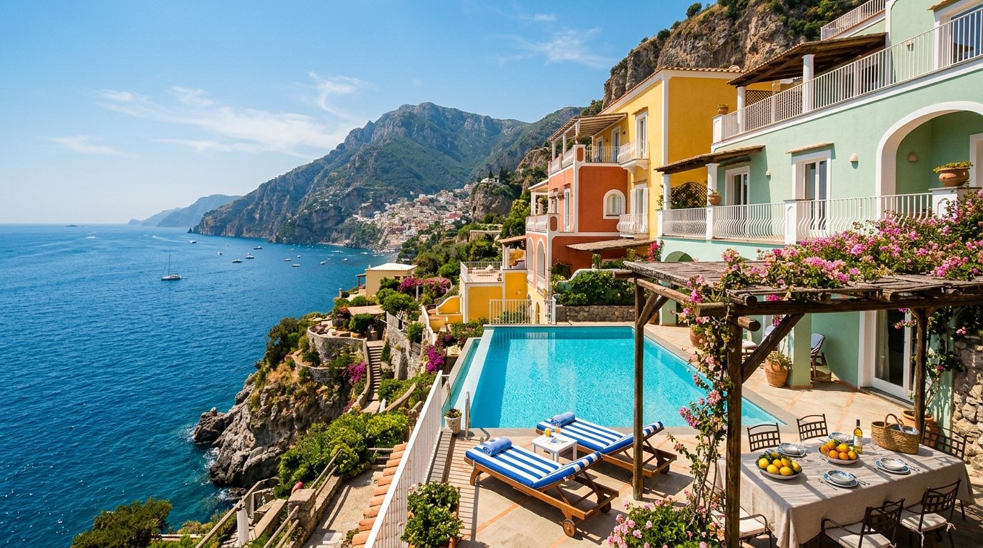 A coastal villa with a pool above the bay