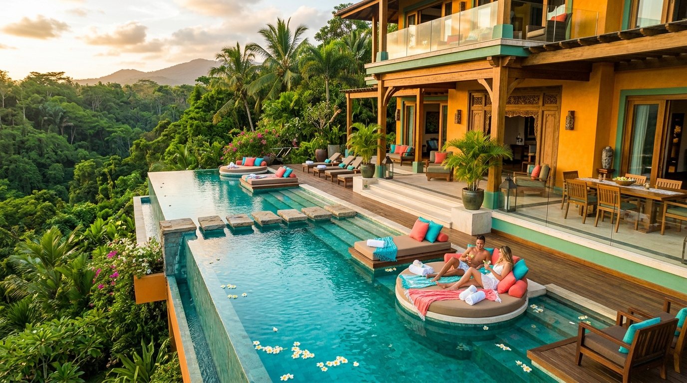 A luxury chalet with a pool deck in the jungle